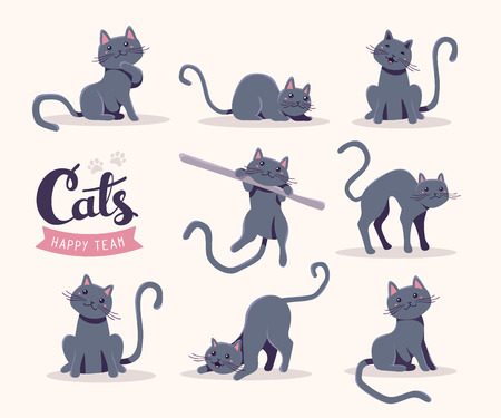 Vector collection of illustration of cute gray cat in various poses and text with cat paw prints on white background. Flat style design for greeting card, poster, web, site, banner, sticker, logoのイラスト素材