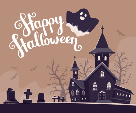 Vector halloween illustration of haunted house, cemetery, bats on gray background with trees, text, ghost. Flat style design of scary castle for halloween greeting card, poster, web, site, banner.のイラスト素材