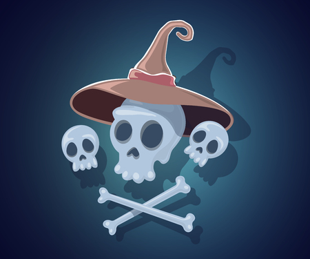 Vector halloween illustration with skulls, crossbones, witch hat on dark night background. Flat style design for halloween greeting card, poster, web, site, banner.のイラスト素材