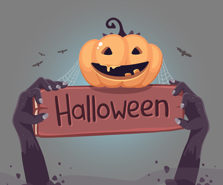 Vector halloween illustration of zombie hand in a graveyard with wooden board, orange pumpkin, web, bats on dark background. Flat style design for halloween greeting card, invitation, poster, web, site, bannerのイラスト素材