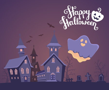Vector halloween illustration of haunted house, cemetery, bats on dark background with trees, text, glowing ghost. Flat style design of scary castle for halloween greeting card, poster, web, site, banner.のイラスト素材
