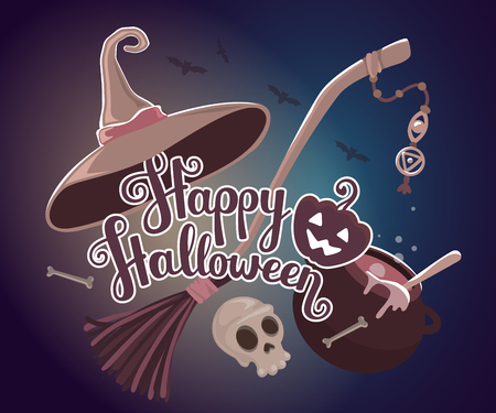 Vector halloween illustration with text happy halloween, pumpkin, witch hat, skull, broom, cauldron on dark night background with bats. Flat style design for halloween greeting card, poster, web, site, banner.のイラスト素材
