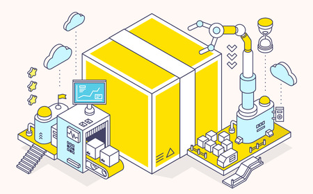 Vector illustration of box and three dimensional mechanism with conveyor and robotic hand on light background. Delivery, sorting and storage of goods. 3d thin line art style designのイラスト素材