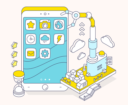 Vector illustration of phone and three dimensional mechanism with robotic hand on light background. Apps coding, programming, engineering. 3d thin line art style designのイラスト素材