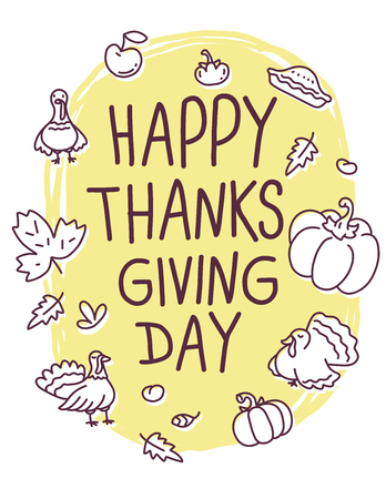 Vector thanksgiving illustration with turkey bird, vegetables, leaves and text happy thanksgiving day on yellow frame background. Flat line art style celebration design for greeting card, poster, web, site, banner, printのイラスト素材