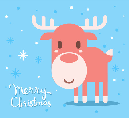 Vector illustration of red christmas reindeer with handwritten text merry christmas on blue background with snowflakes. Hand draw flat style design for web, site, banner, poster, print, greeting cardのイラスト素材