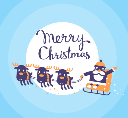 Vector christmas illustration of flying santa claus on sleigh and reindeers with handwritten text merry christmas on blue background with moon. Hand draw flat design for web, site, banner, poster, print, greeting cardのイラスト素材