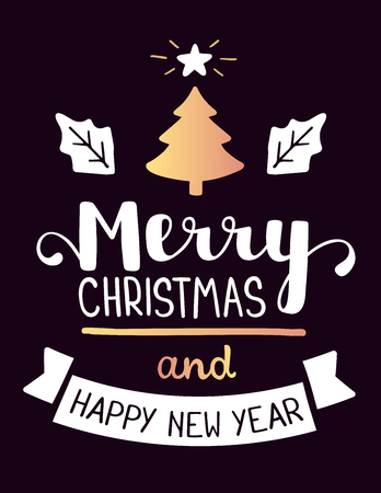 Vector illustration of golden color christmas fir tree and leaves of mistletoe with handwritten text merry christmas on dark background. Hand draw flat stylized design for web, site, banner, poster, print, greeting cardのイラスト素材