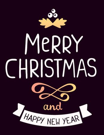 Vector illustration of golden color christmas mistletoe with handwritten text merry christmas and happy new year on dark background. Hand draw flat stylized design for web, site, banner, poster, print, greeting cardのイラスト素材