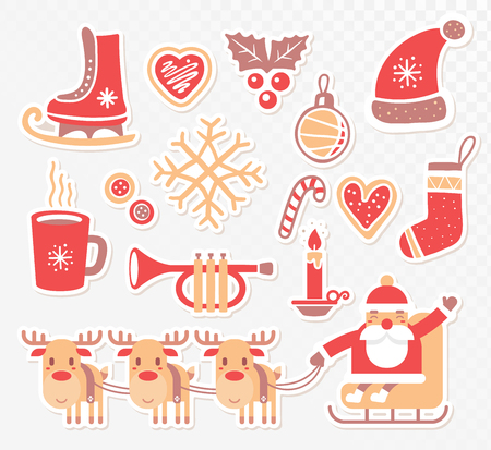 Vector illustration of colorful collection of red, yellow, brown christmas elements on transparent background. Flat style design for web, site, banner, poster, print, greeting cardのイラスト素材
