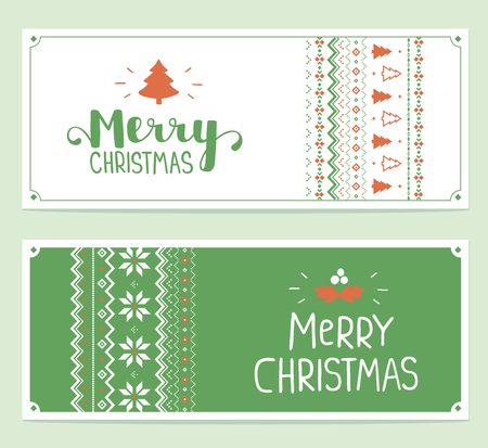 Two vector christmas stylized illustration with handwritten text merry christmas and knitting pattern on white and green background. Hand draw design for web, site, banner, poster, print, greeting cardのイラスト素材