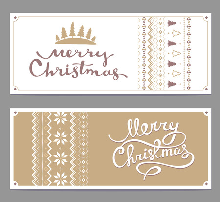 Two vector christmas stylized illustration with handwritten text merry christmas and knitting pattern on white and golden background. Hand draw design for web, site, banner, poster, print, greeting cardのイラスト素材