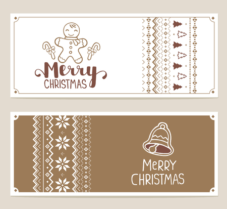 Two vector christmas stylized illustration with handwritten text merry christmas and knitting pattern on white and brown background. Hand draw design for web, site, banner, poster, print, greeting cardのイラスト素材