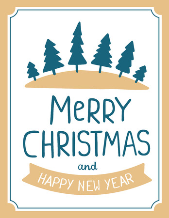 Vector illustration of green color christmas fir trees with handwritten text merry christmas on white background with frame. Hand draw flat stylized design for web, site, banner, poster, print, greeting cardのイラスト素材