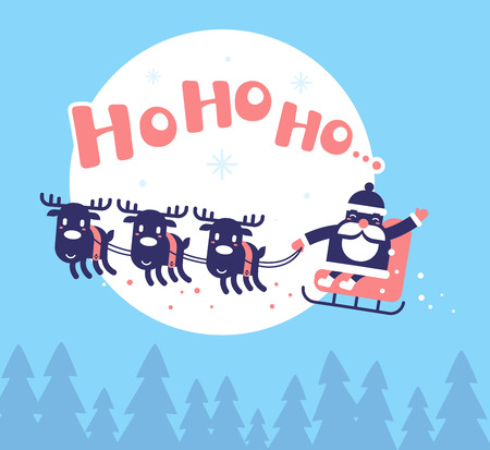 Vector christmas illustration of flying santa claus on sleigh and reindeers on blue background with big full moon. Hand draw flat design for web, site, banner, poster, print, greeting cardのイラスト素材