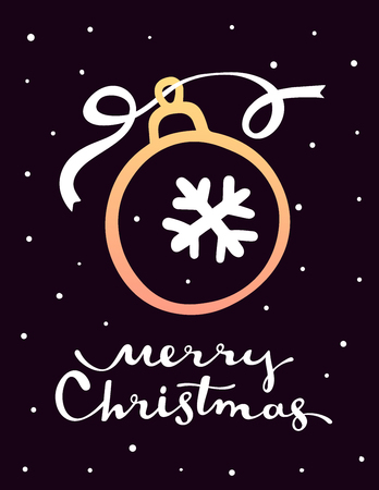 Vector illustration of stylish christmas ball with snowflake, ribbon, handwritten text merry christmas on dark background with snow. Flat style design for web, site, banner, poster, print, greeting cardのイラスト素材