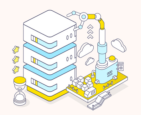 Vector illustration of server, hourglass and three dimensional mechanism with robotic hand on light background. Data center computing, configuration and maintenance. 3d thin line art style designのイラスト素材