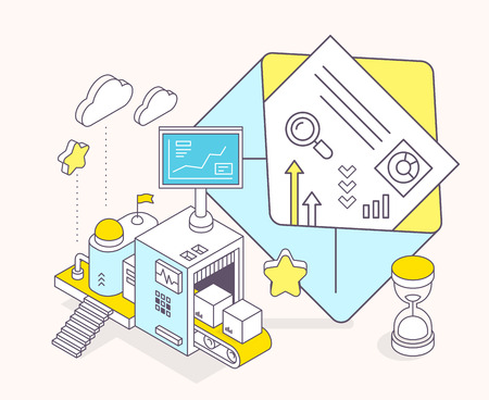 Vector illustration of envelope, hourglass and three dimensional mechanism with conveyor and monitor on light background. Receiving, sending, sorting mail. 3d thin line art style designのイラスト素材