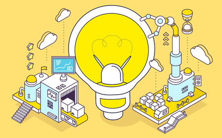 Vector illustration of light bulb and three dimensional mechanism with conveyor and robotic hand on yellow background. Generation of energy and creative ideas. 3d thin line art style designのイラスト素材