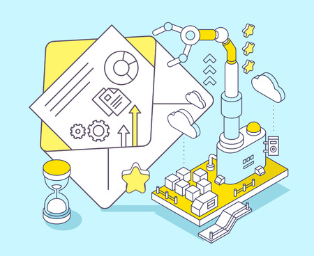 Vector illustration of envelope, hourglass and three dimensional mechanism with robotic hand on blue background. Receiving, sending, sorting mail. 3d thin line art style designの写真素材