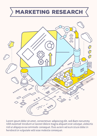 Vector template with illustration of envelope, hourglass and three dimensional mechanism with robotic hand and scheme. Receiving, sending, sorting mail. 3d thin line art style design of leaflet advertisingのイラスト素材