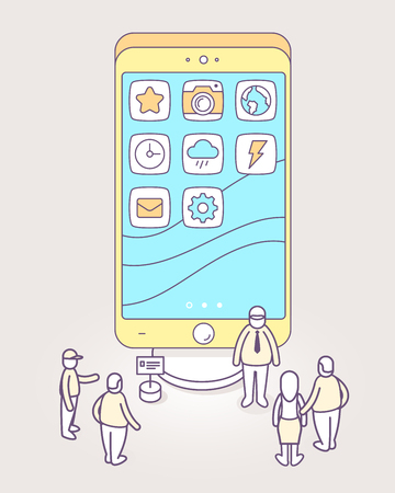 Vector illustration of big phone with apps on screen standing on podium and people looking at it. Phone exhibition and presentation. 3d thin line art style designのイラスト素材