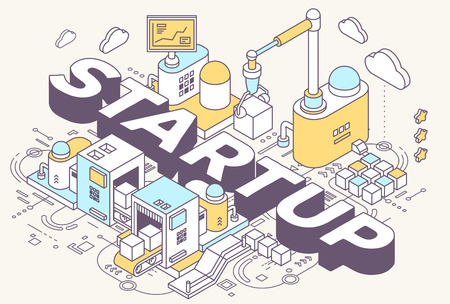 Vector illustration of word startup and three dimensional mechanism with conveyor, robotic hand on light background with scheme. Startup construction and development. 3d thin line art style designのイラスト素材