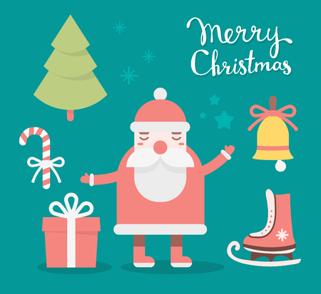 Vector illustration of colorful collection of christmas elements with handwritten text merry christmas on green background. Flat style design for web, site, banner, poster, print, greeting cardの写真素材
