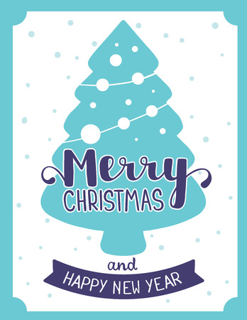 Vector illustration of stylish blue christmas shape fir tree with handwritten text merry christmas and snow on white background. Hand draw flat stylized design for web, site, banner, poster, print, greeting cardの写真素材
