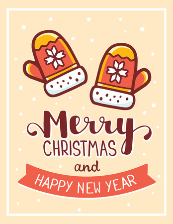 Vector christmas illustration of red color knitted mittens with handwritten text merry christmas on light background with snow. Flat style design for web, site, banner, poster, print, greeting cardの写真素材