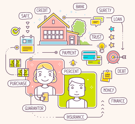 Vector illustration of talking man and woman by phone about taking a consumer credit on light background. Thin line art flat design of decision on bank mortgage loanのイラスト素材