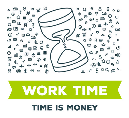 Vector creative illustration of big hourglass with set of line icons and word typography on white background. Time management concept. Thin line art style design for business work time themeのイラスト素材