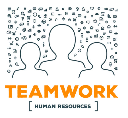 Vector creative illustration of people team with set of line icons and word typography on white background. Human resources concept. Thin line art style design for business teamwork themeのイラスト素材