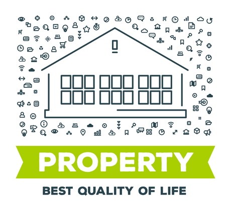 Vector creative illustration of big house with set of line icons and word typography on white background. Real property concept. Thin line art style design for real estate agencyのイラスト素材