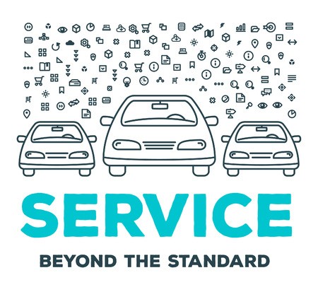 Vector creative illustration of three cars with set of line icons and word typography on white background. Car service and maintenance concept. Thin line art style design for car repair, wash, parkingのイラスト素材