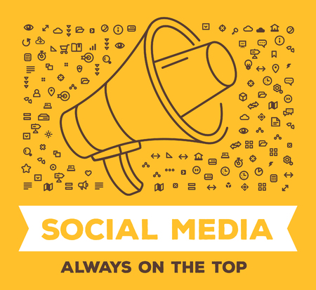 Vector creative illustration of big megaphone with set of line icons and word typography on yellow background. Social media concept. Thin line art style design for business solution themeのイラスト素材