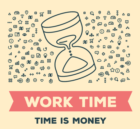 Vector retro color creative illustration of big hourglass with set of line icons and word typography on light background. Time management concept. Thin line art style design for business work time themeのイラスト素材