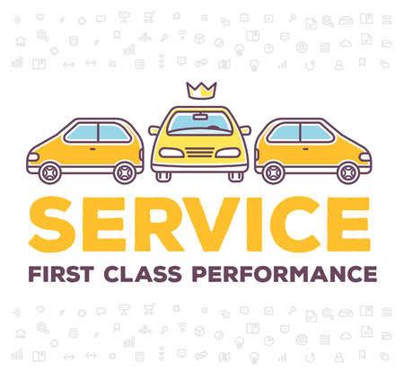 Vector creative illustration of three cars with pattern of line icons and header typography on white background. Car service and maintenance concept. Flat thin line art style design for best car repair, wash, parkingのイラスト素材
