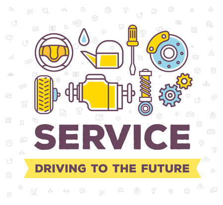 Vector creative illustration of line auto accessories with header on white pattern background. Quality car service and maintenance concept. Flat thin line art style design for car repair, wash, parkingのイラスト素材