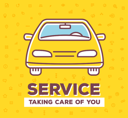 Vector creative illustration of frontal view car with pattern of line icons and word typography on yellow background. Car service and maintenance concept. Flat thin line art style design for car repair, wash, parkingのイラスト素材