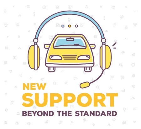 Vector creative illustration of car and support headphone with header on white pattern background. High quality car service and maintenance concept. Flat thin line art style design for best technical supportのイラスト素材
