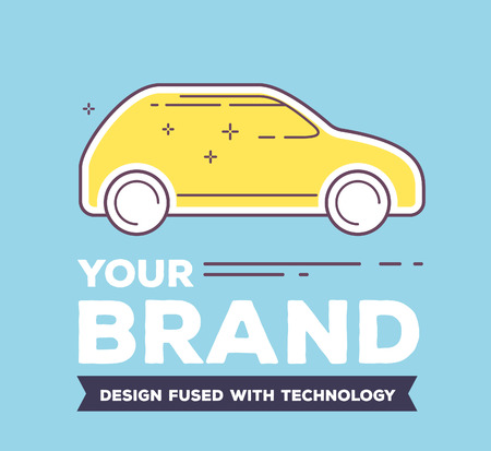 Vector creative illustration of side view yellow car with header on blue background. Car brand service and maintenance concept. Flat thin line art style design for car repair, wash, parkingのイラスト素材
