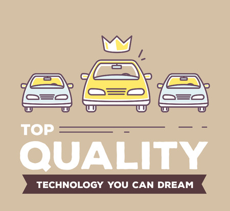 Vector creative retro color illustration of three cars with header on brown background. Top quality car service and maintenance concept. Flat thin line art style design for best car repair, wash, parkingのイラスト素材