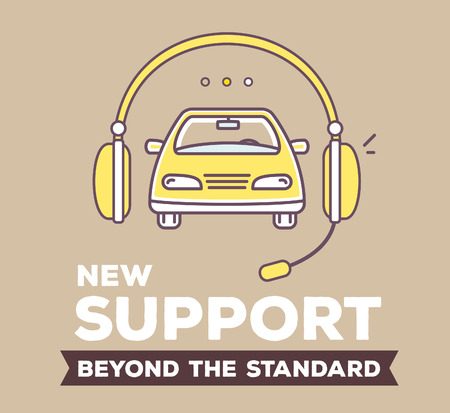 Vector creative retro color illustration of car and support headphone with header on brown background. High quality car service and maintenance concept. Flat thin line art style design for best technical supportのイラスト素材