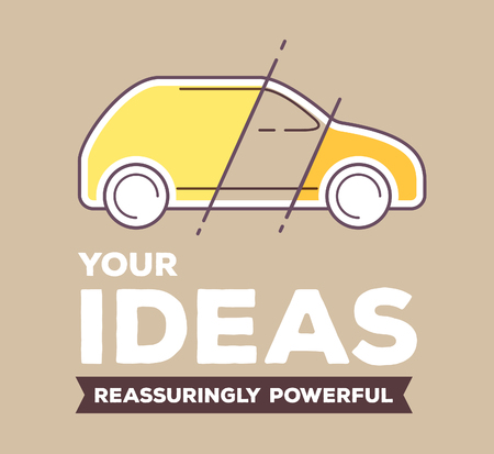 Vector creative retro color illustration of yellow linear car with header on brown background. Your design of car concept. Flat thin line art style design for realization of your ideasのイラスト素材