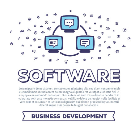 Vector creative illustration of computers and wires with word typography and cloud of line icons on white background. Software template. Thin line art style concept design for application development themeのイラスト素材