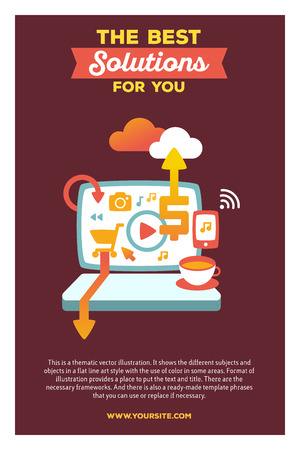 Vector creative colorful illustration of laptop with header the best solutions for you and text on brown background. Business laptop poster template. Flat style design of laptop for business work, office themeのイラスト素材