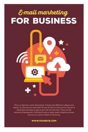 Vector creative colorful illustration of communications by laptop with header email marketing and text on brown background. Business laptop poster template. Flat style design of laptop for email marketing themeのイラスト素材