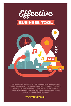 Vector creative colorful illustration of modern city taxi service with header and text on brown background. Taxi service poster template. Flat style design for busy urban daily life themeのイラスト素材