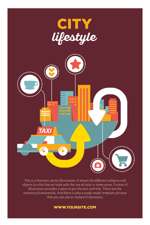 Vector creative colorful illustration of modern city taxi service with header city lifestyle and text on brown background. Mobile taxi service poster template. Flat style design of the daily activities of city taxi serviceのイラスト素材